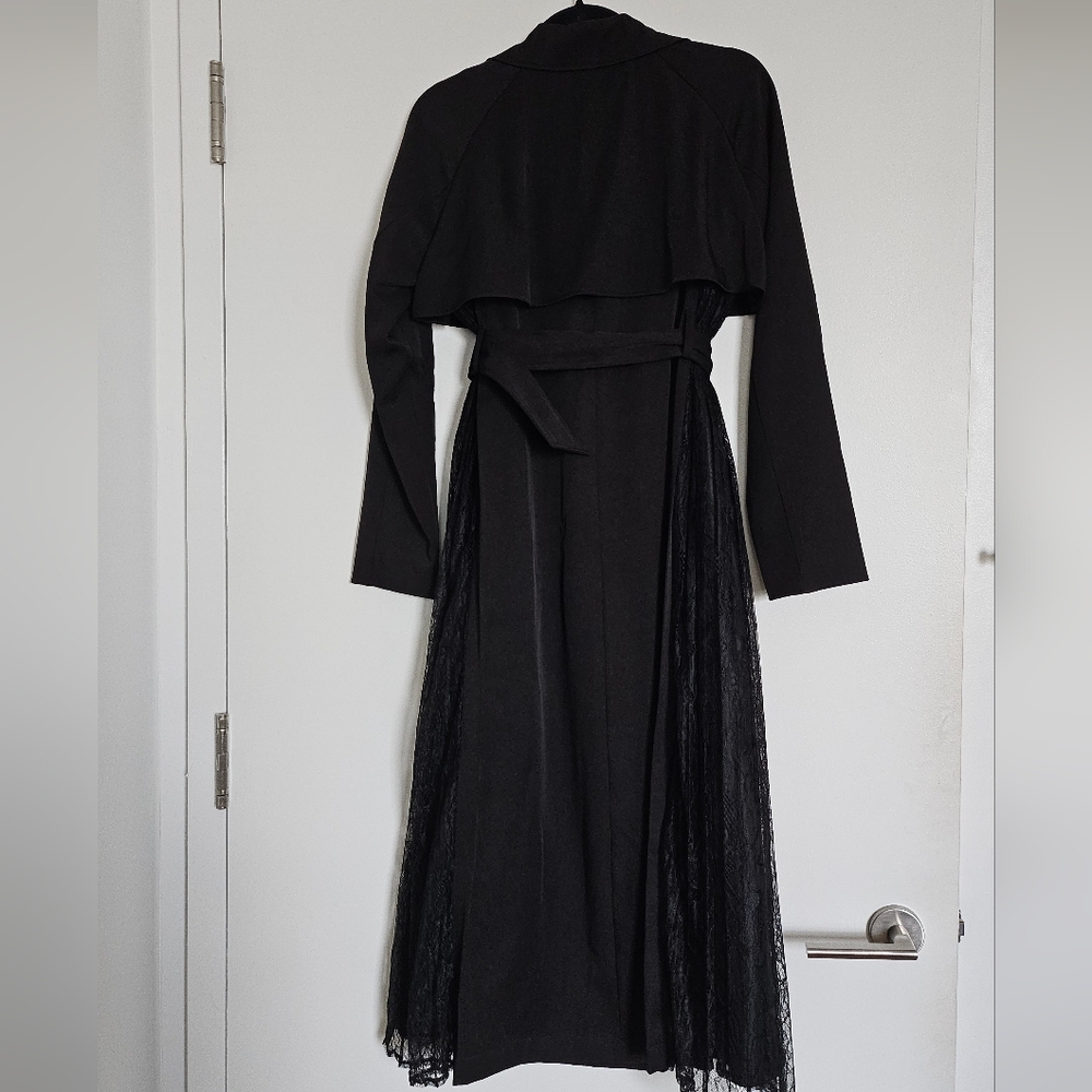 Resexxy Gyaru Black Trench Coat Pleated Lace Panel Sides Tortoise Shell Buttons - Picture 8 of 14